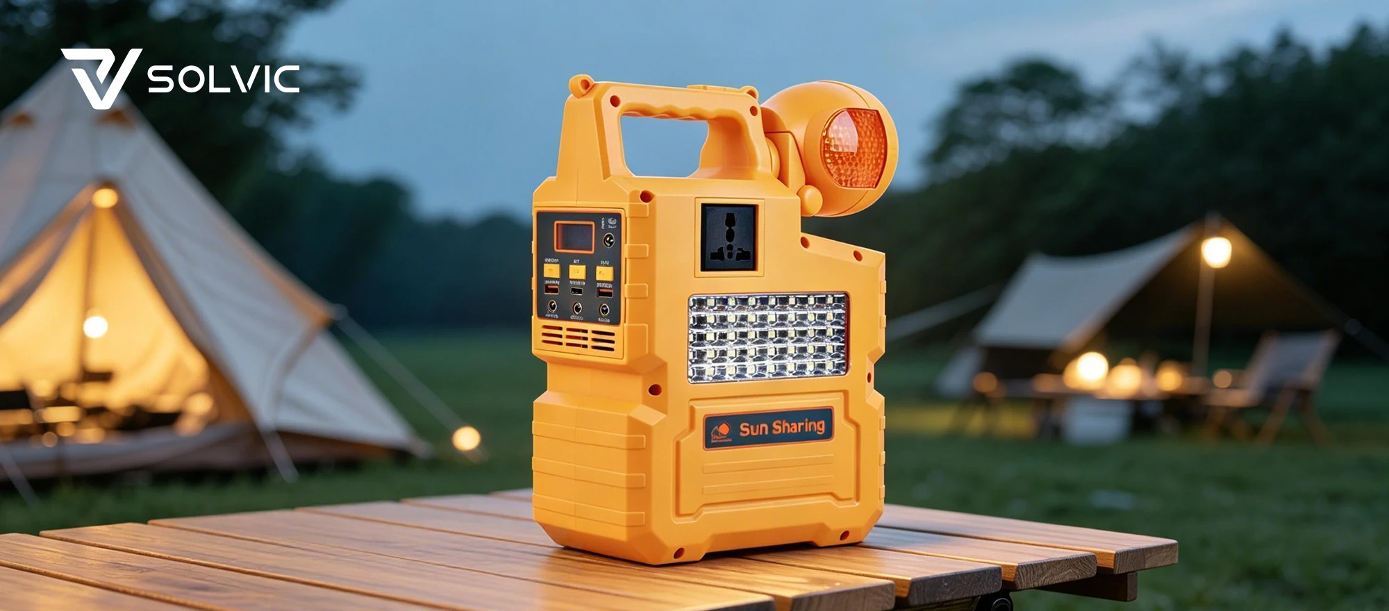 300W portable power station with Bluetooth speaker outdoor banner – camping scene with music playback and device charging, compact 2-in-1 power and entertainment for outdoor adventures